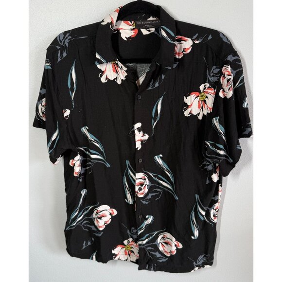 No boundaries Mens Medium Tropical Floral Print Button Up Black Short Sleeve - Picture 1 of 12